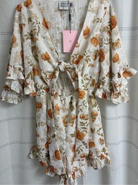 Hello Molly White and Orange Floral Tie-Front Romper